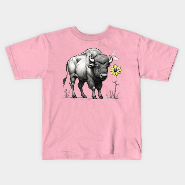 Buffalo in love with flower western American west animal Kids T-Shirt by BigMRanch